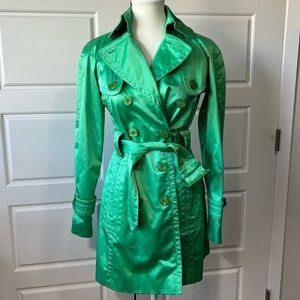 Jessica Simpson Shimmer Satin Green Double Breasted Trench Coat Jacket Belted XS